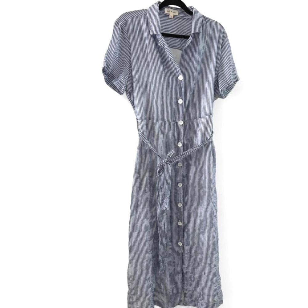 Cloth & Stone Stripe Blue Midi Dress with Waist Tie Cotton Blend Nautical Casual